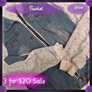 White-Heathered Sleeved Medium Wash Denim Hooded Jacket
